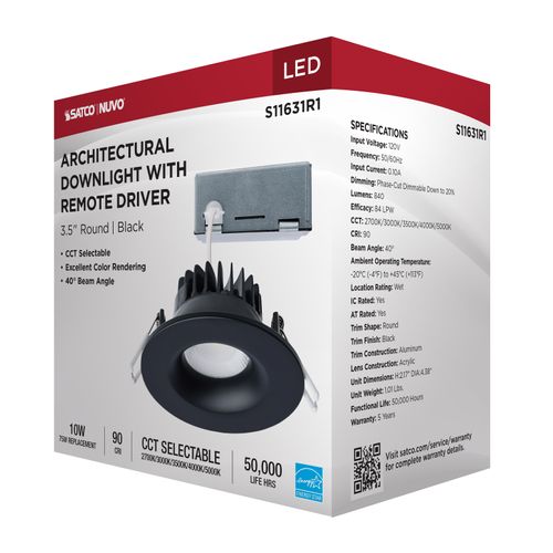 Main product image of 10W LED Direct Wire Downlight, Remote Driver, CCT Selectable, Dimmable, Round, Black Finish