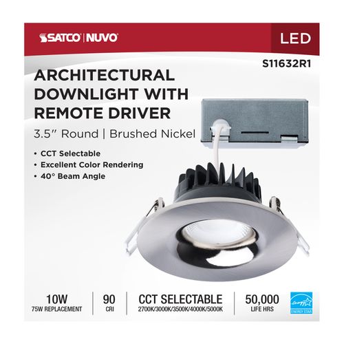 Main product image of 10W LED Direct Wire Downlight, Remote Driver, CCT Selectable, Dimmable, Round, Brushed Nickel Finish