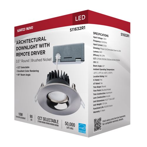 Main product image of 10W LED Direct Wire Downlight, Remote Driver, CCT Selectable, Dimmable, Round, Brushed Nickel Finish