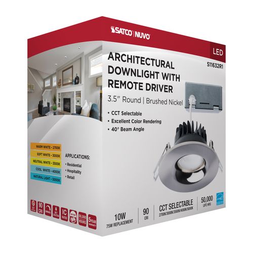 Main product image of 10W LED Direct Wire Downlight, Remote Driver, CCT Selectable, Dimmable, Round, Brushed Nickel Finish