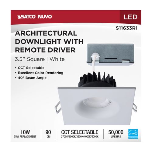 Main product image of 10W LED Direct Wire Downlight, Remote Driver, CCT Selectable, Dimmable, Square, White Finish
