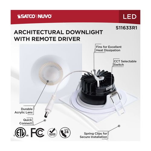 Main product image of 10W LED Direct Wire Downlight, Remote Driver, CCT Selectable, Dimmable, Square, White Finish