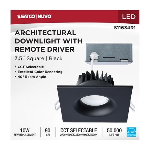 Main product image of 10W LED Direct Wire Downlight, Remote Driver, CCT Selectable, Dimmable, Square, Black Finish