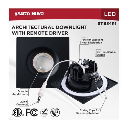 Main product image of 10W LED Direct Wire Downlight, Remote Driver, CCT Selectable, Dimmable, Square, Black Finish