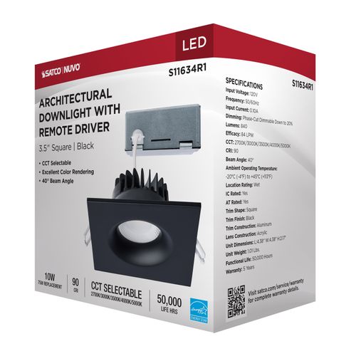 Main product image of 10W LED Direct Wire Downlight, Remote Driver, CCT Selectable, Dimmable, Square, Black Finish