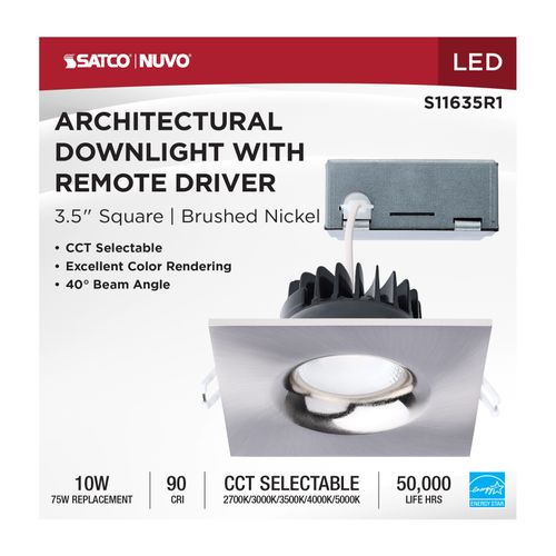 Main product image of 10W LED Direct Wire Downlight, Remote Driver, CCT Selectable, Dimmable, Square, Brushed Nickel Finish