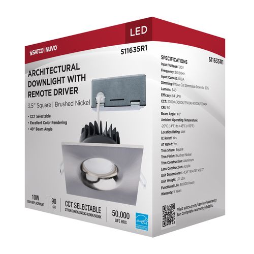 Main product image of 10W LED Direct Wire Downlight, Remote Driver, CCT Selectable, Dimmable, Square, Brushed Nickel Finish
