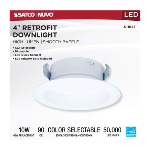 Main product image of 10W LED High Output Downlight Retrofit, 4", 27K/30K/35K/40K/50K CCT Selectable, Round, White Finish (6 Pack)