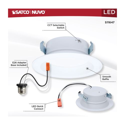Main product image of 10W LED High Output Downlight Retrofit, 4", 27K/30K/35K/40K/50K CCT Selectable, Round, White Finish (6 Pack)