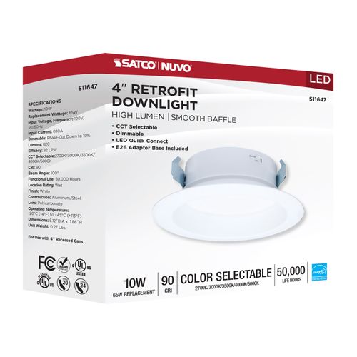 Main product image of 10W LED High Output Downlight Retrofit, 4", 27K/30K/35K/40K/50K CCT Selectable, Round, White Finish (6 Pack)