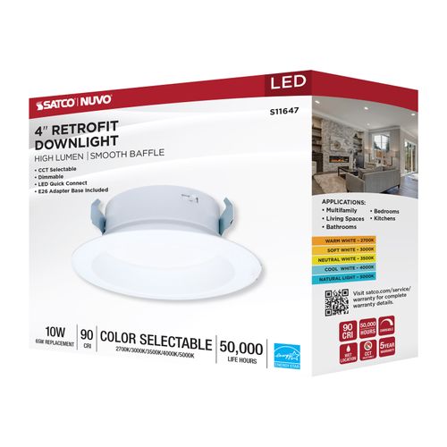 Main product image of 10W LED High Output Downlight Retrofit, 4", 27K/30K/35K/40K/50K CCT Selectable, Round, White Finish (6 Pack)