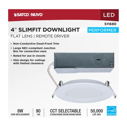 Main product image of 8W LED Direct Wire Performer Series Downlight, Remote Driver, 4", 27K/3K/35K/4K/5K CCT Selectable, Round, Flat Face, White Finish