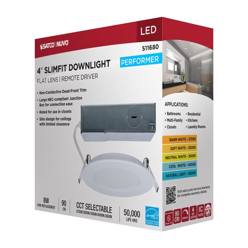 Main product image of 8W LED Direct Wire Performer Series Downlight, Remote Driver, 4", 27K/3K/35K/4K/5K CCT Selectable, Round, Flat Face, White Finish