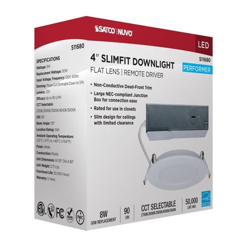 Main product image of 8W LED Direct Wire Performer Series Downlight, Remote Driver, 4", 27K/3K/35K/4K/5K CCT Selectable, Round, Flat Face, White Finish