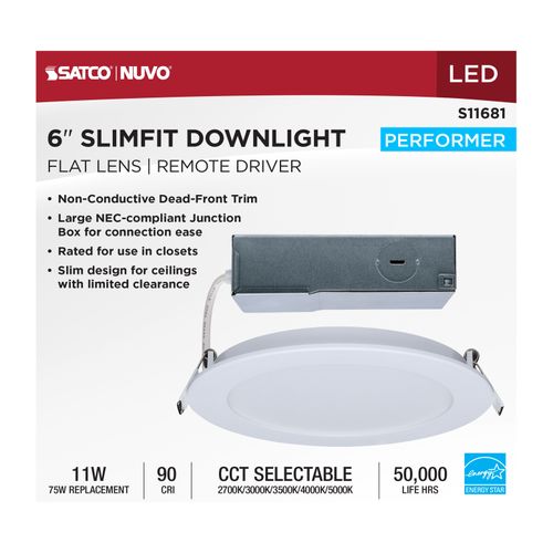 Main product image of 11W LED Direct Wire Performer Series Downlight, Remote Driver, 6", 27K/3K/35K/4K/5K CCT Selectable, Round, Flat Face, White Finish