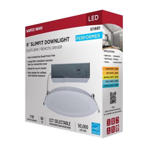 Main product image of 11W LED Direct Wire Performer Series Downlight, Remote Driver, 6", 27K/3K/35K/4K/5K CCT Selectable, Round, Flat Face, White Finish