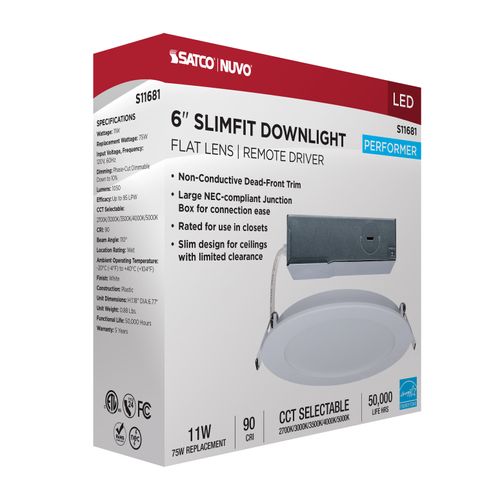 Main product image of 11W LED Direct Wire Performer Series Downlight, Remote Driver, 6", 27K/3K/35K/4K/5K CCT Selectable, Round, Flat Face, White Finish
