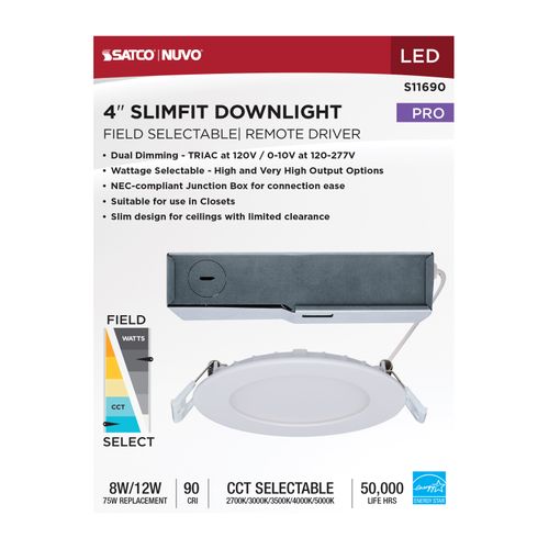 Main product image of 8/12W LED Direct Wire Downlight, 27K/3K/35K/4K/5K CCT, Remote Driver, 4", Round, Flat Face, White Finish, 120-277V, Dual Dimming