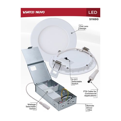 Main product image of 8/12W LED Direct Wire Downlight, 27K/3K/35K/4K/5K CCT, Remote Driver, 4", Round, Flat Face, White Finish, 120-277V, Dual Dimming
