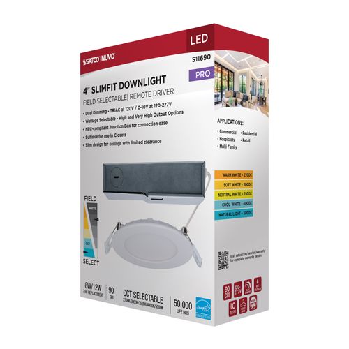 Main product image of 8/12W LED Direct Wire Downlight, 27K/3K/35K/4K/5K CCT, Remote Driver, 4", Round, Flat Face, White Finish, 120-277V, Dual Dimming