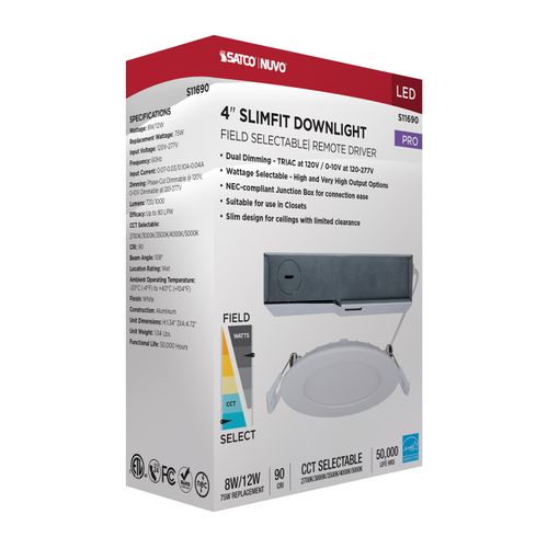 Main product image of 8/12W LED Direct Wire Downlight, 27K/3K/35K/4K/5K CCT, Remote Driver, 4", Round, Flat Face, White Finish, 120-277V, Dual Dimming