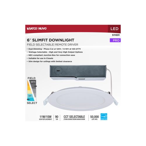 Main product image of 11/15W, LED Direct Wire Downlight, 27K/3K/35K/4K/5K CCT, Remote Driver, 6", Round, Flat Face, White Finish, 120-277V, Dual Dimming