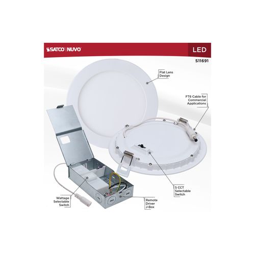 Main product image of 11/15W, LED Direct Wire Downlight, 27K/3K/35K/4K/5K CCT, Remote Driver, 6", Round, Flat Face, White Finish, 120-277V, Dual Dimming