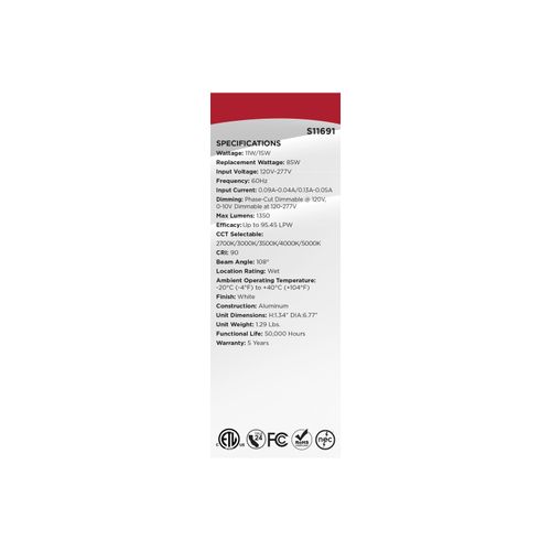 Main product image of 11/15W, LED Direct Wire Downlight, 27K/3K/35K/4K/5K CCT, Remote Driver, 6", Round, Flat Face, White Finish, 120-277V, Dual Dimming