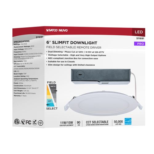 Main product image of 11/15W, LED Direct Wire Downlight, 27K/3K/35K/4K/5K CCT, Remote Driver, 6", Round, Flat Face, White Finish, 120-277V, Dual Dimming