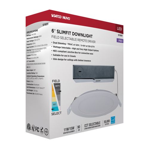 Main product image of 11/15W, LED Direct Wire Downlight, 27K/3K/35K/4K/5K CCT, Remote Driver, 6", Round, Flat Face, White Finish, 120-277V, Dual Dimming