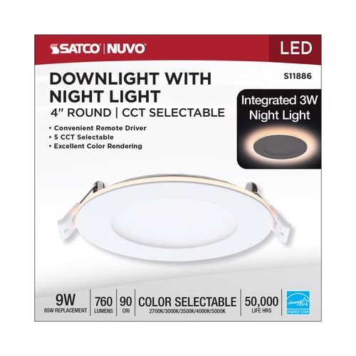 Main product image of 9W LED Direct Wire Downlight with Night Light, 4", Remote Driver, CCT Selectable, Dimmable, Round, White Finish
