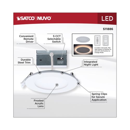 Main product image of 9W LED Direct Wire Downlight with Night Light, 4", Remote Driver, CCT Selectable, Dimmable, Round, White Finish