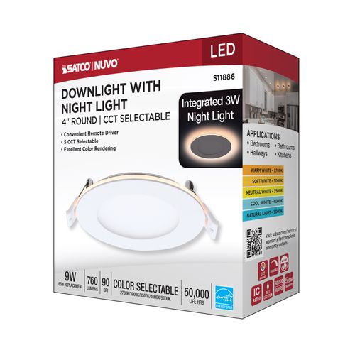 Main product image of 9W LED Direct Wire Downlight with Night Light, 4", Remote Driver, CCT Selectable, Dimmable, Round, White Finish