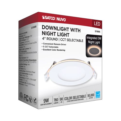 Main product image of 9W LED Direct Wire Downlight with Night Light, 4", Remote Driver, CCT Selectable, Dimmable, Round, White Finish