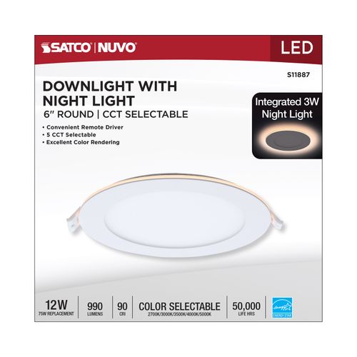 Main product image of 12W LED Direct Wire Downlight with Night Light, 6", Remote Driver, CCT Selectable, Dimmable, Round, White Finish