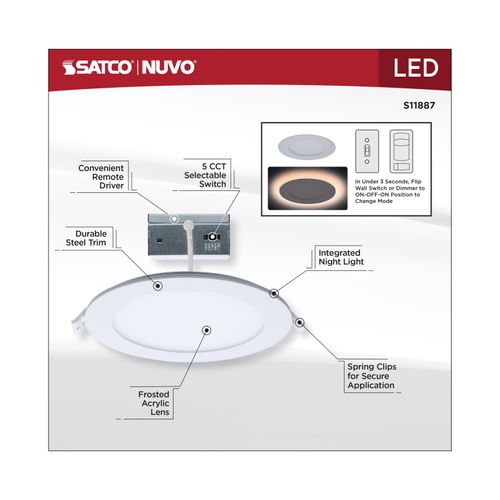 Main product image of 12W LED Direct Wire Downlight with Night Light, 6", Remote Driver, CCT Selectable, Dimmable, Round, White Finish