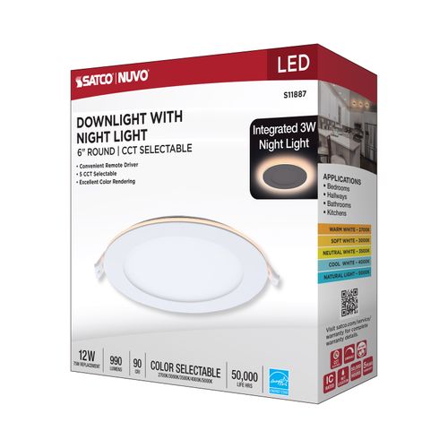 Main product image of 12W LED Direct Wire Downlight with Night Light, 6", Remote Driver, CCT Selectable, Dimmable, Round, White Finish