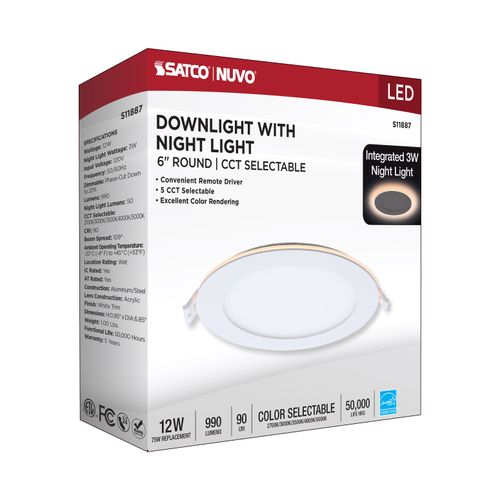 Main product image of 12W LED Direct Wire Downlight with Night Light, 6", Remote Driver, CCT Selectable, Dimmable, Round, White Finish