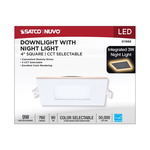 Main product image of 9W LED Direct Wire Downlight with Night Light, 4", Remote Driver, CCT Selectable, Dimmable, Square, White Finish