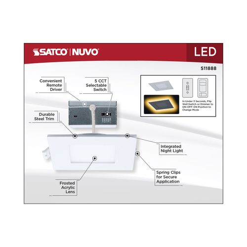 Main product image of 9W LED Direct Wire Downlight with Night Light, 4", Remote Driver, CCT Selectable, Dimmable, Square, White Finish