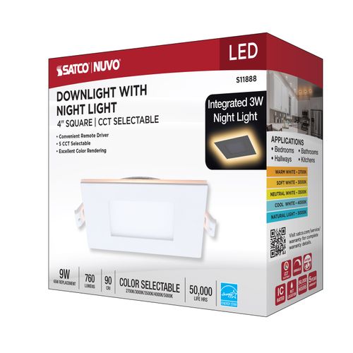 Main product image of 9W LED Direct Wire Downlight with Night Light, 4", Remote Driver, CCT Selectable, Dimmable, Square, White Finish