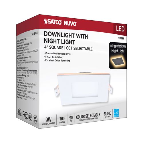 Main product image of 9W LED Direct Wire Downlight with Night Light, 4", Remote Driver, CCT Selectable, Dimmable, Square, White Finish