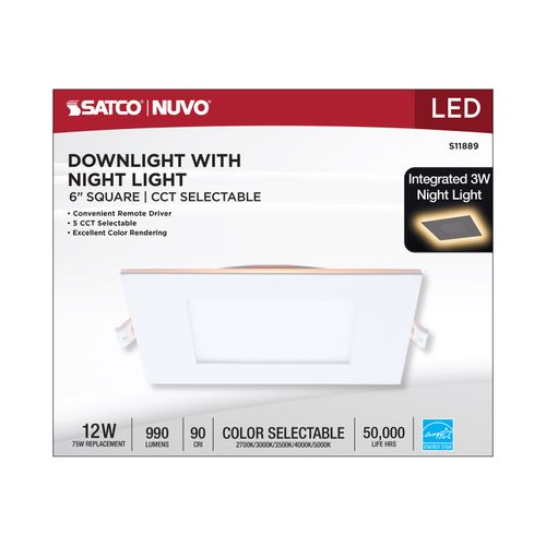 Main product image of 12W LED Direct Wire Downlight with Night Light, 6", Remote Driver, CCT Selectable, Dimmable, Square, White Finish