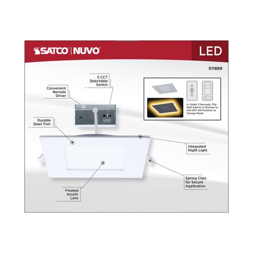 Main product image of 12W LED Direct Wire Downlight with Night Light, 6", Remote Driver, CCT Selectable, Dimmable, Square, White Finish