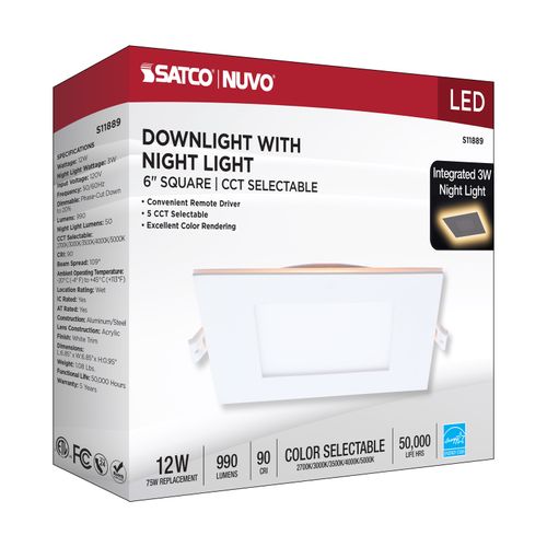 Main product image of 12W LED Direct Wire Downlight with Night Light, 6", Remote Driver, CCT Selectable, Dimmable, Square, White Finish