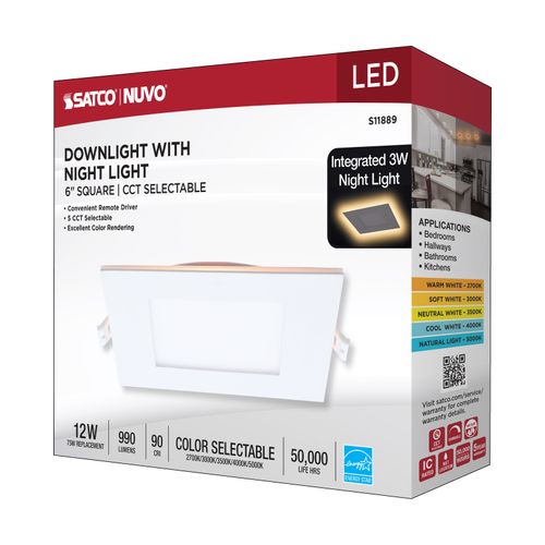 Main product image of 12W LED Direct Wire Downlight with Night Light, 6", Remote Driver, CCT Selectable, Dimmable, Square, White Finish