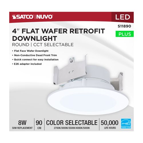 Main product image of 8W, 4" LED Downlight Retrofit, 27K/30K/35K/40K/50K CCT Selectable, Flat Wafer, Round, Matte White Finish
