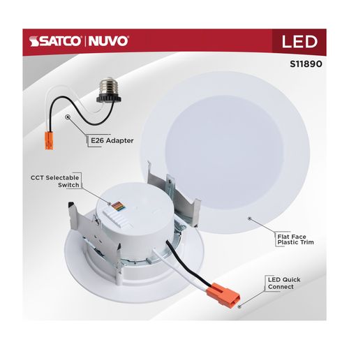 Main product image of 8W, 4" LED Downlight Retrofit, 27K/30K/35K/40K/50K CCT Selectable, Flat Wafer, Round, Matte White Finish