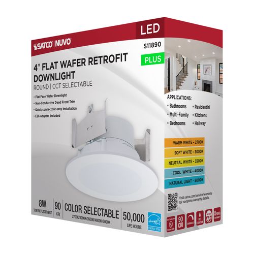 Main product image of 8W, 4" LED Downlight Retrofit, 27K/30K/35K/40K/50K CCT Selectable, Flat Wafer, Round, Matte White Finish