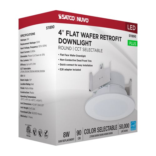 Main product image of 8W, 4" LED Downlight Retrofit, 27K/30K/35K/40K/50K CCT Selectable, Flat Wafer, Round, Matte White Finish